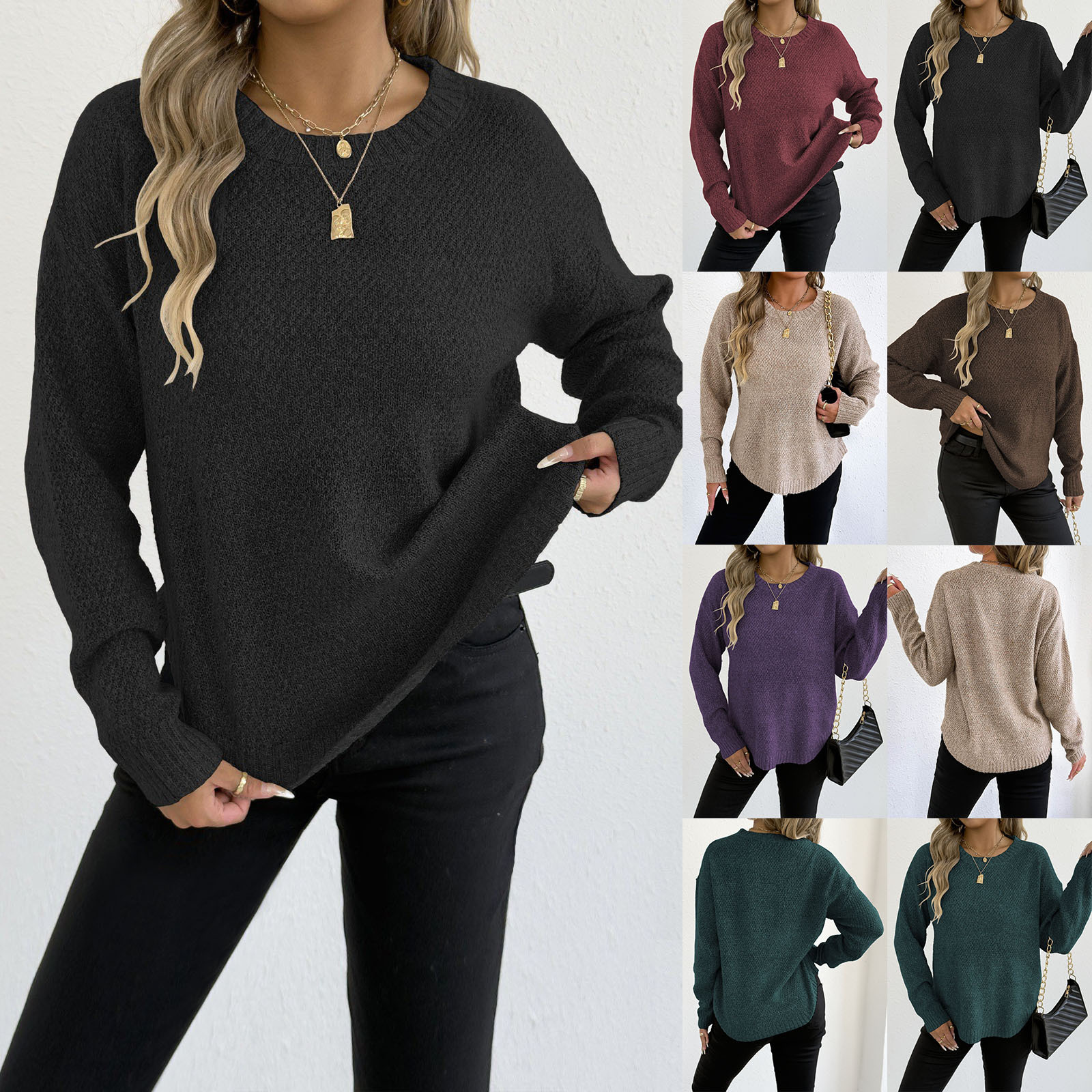 Women's Marled Knit Pullover Sweater Crew Neck Casual Top