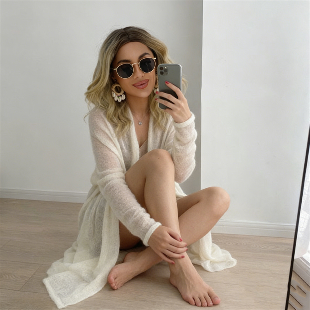 Women's Lightweight Mohair-Blend Knit Cardigan Loose Long Tie-Front