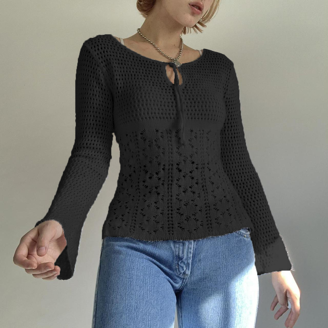 Women's Elegant Crewneck Long Sleeve Slim Fit Hollow Out Knit Sweater