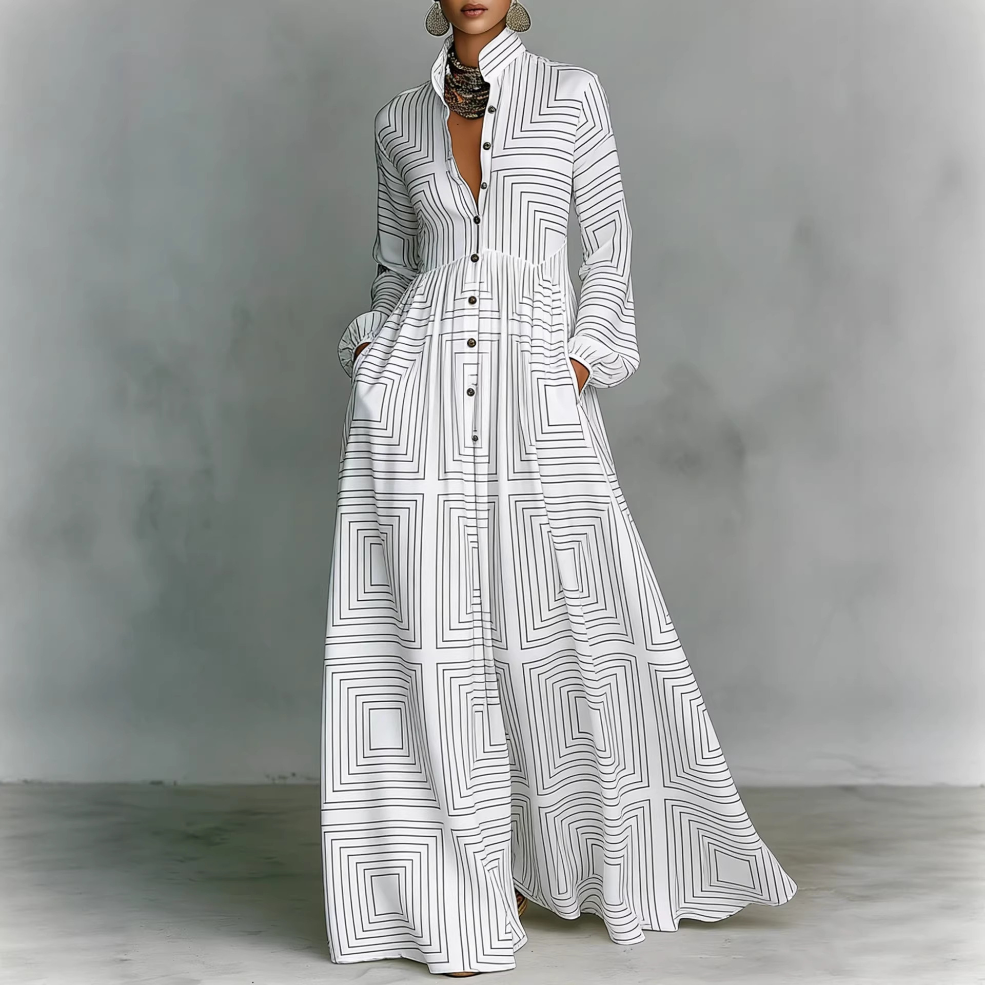 French Waist-Cinching Floral Print Long Sleeve Maxi Dress