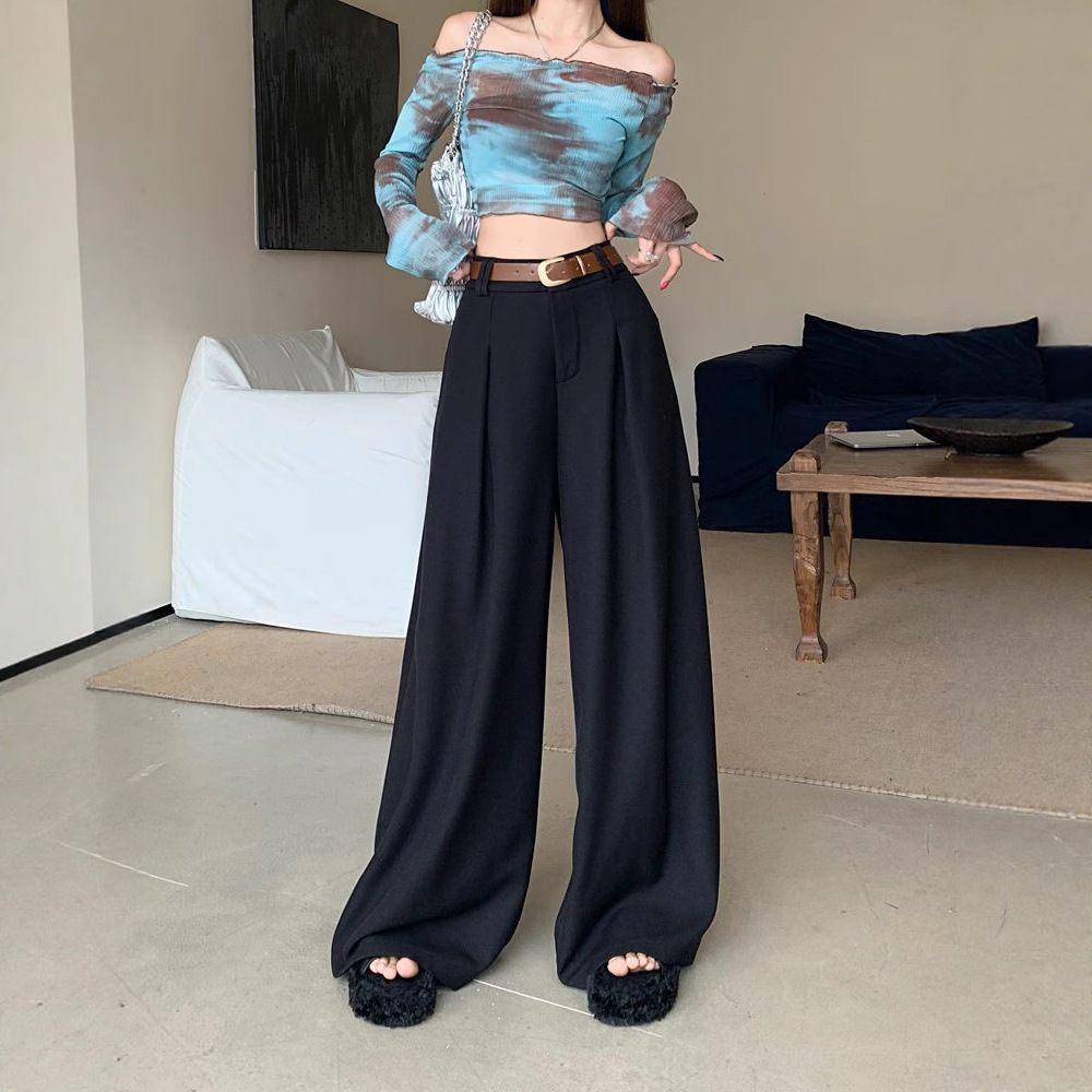 High-Waist Wide-Leg Tailored Pants for Women, Black Casual