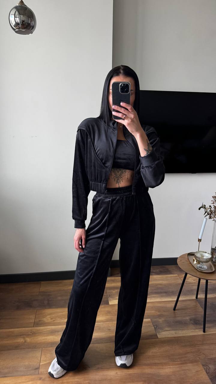Women's Solid Velvet Stand-Collar Long-Sleeve Three-Piece Pants Set