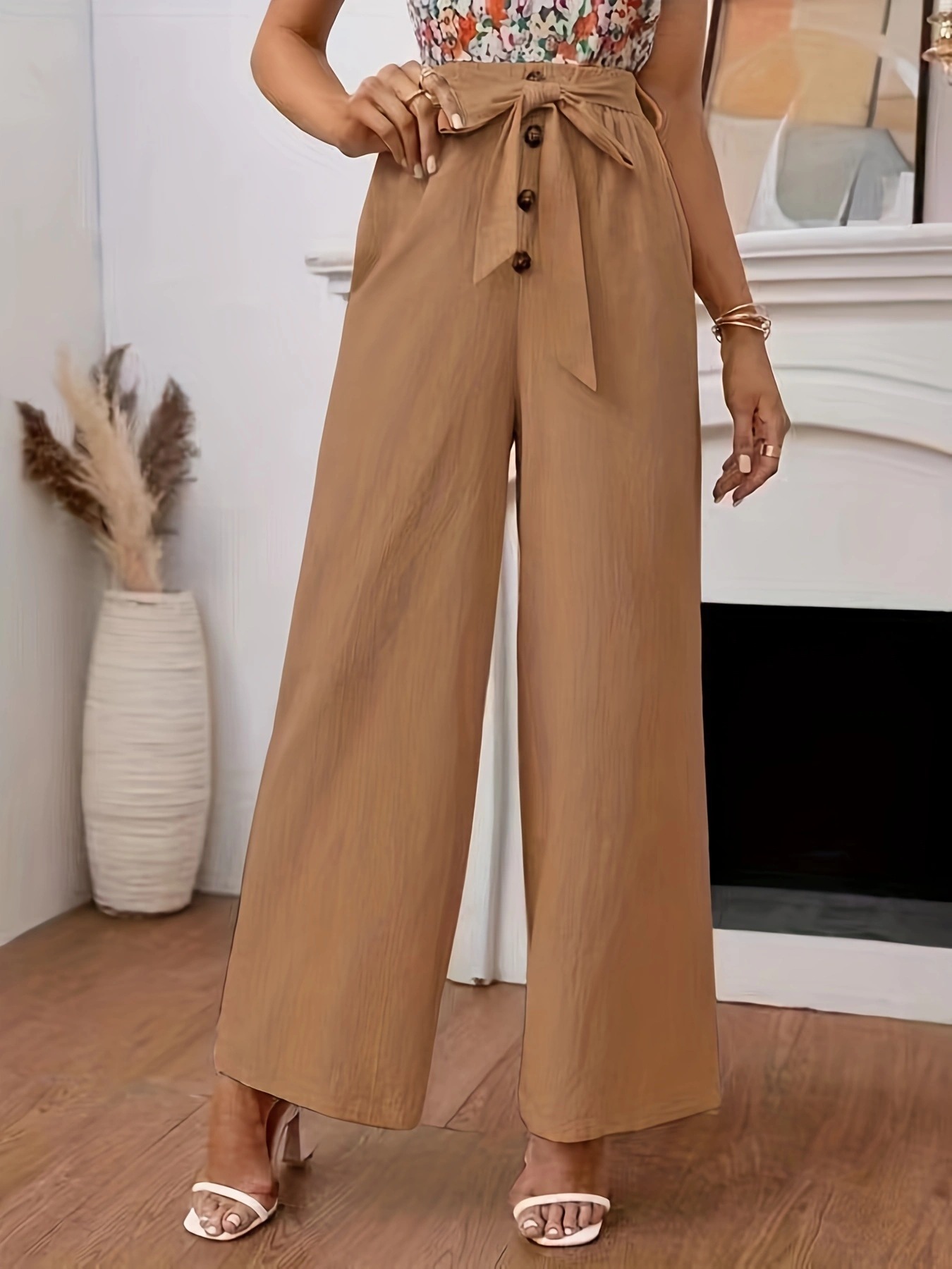 Women's Solid Cotton-Linen Wide-Leg Pants with Elastic Waist