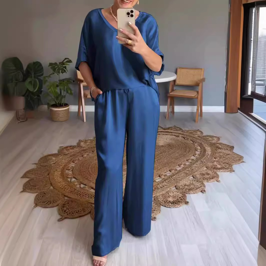 Women's Solid Silk-Finish V-Neck Casual Two-Piece Pants Set