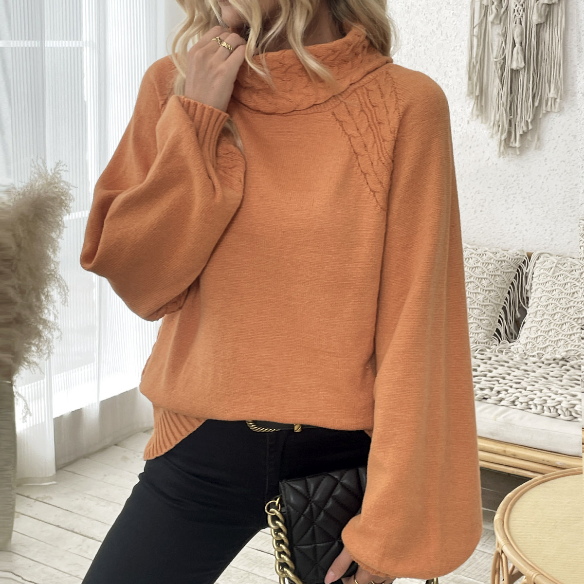 Wheat Stitch Knit Half Turtleneck Sweater with Puff Sleeves