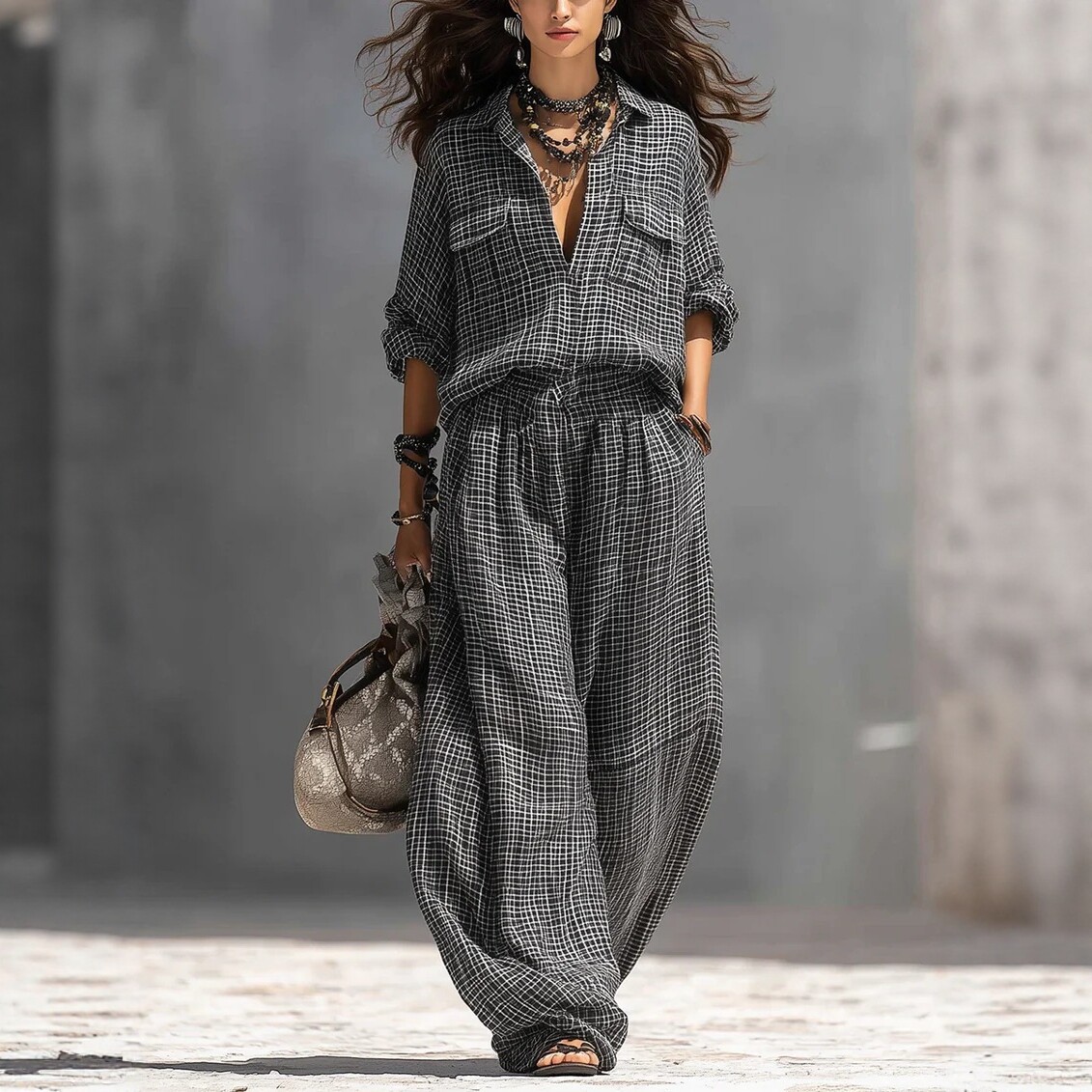 Women's Retro Vacation Two-Piece Set Colorblock Streetwear
