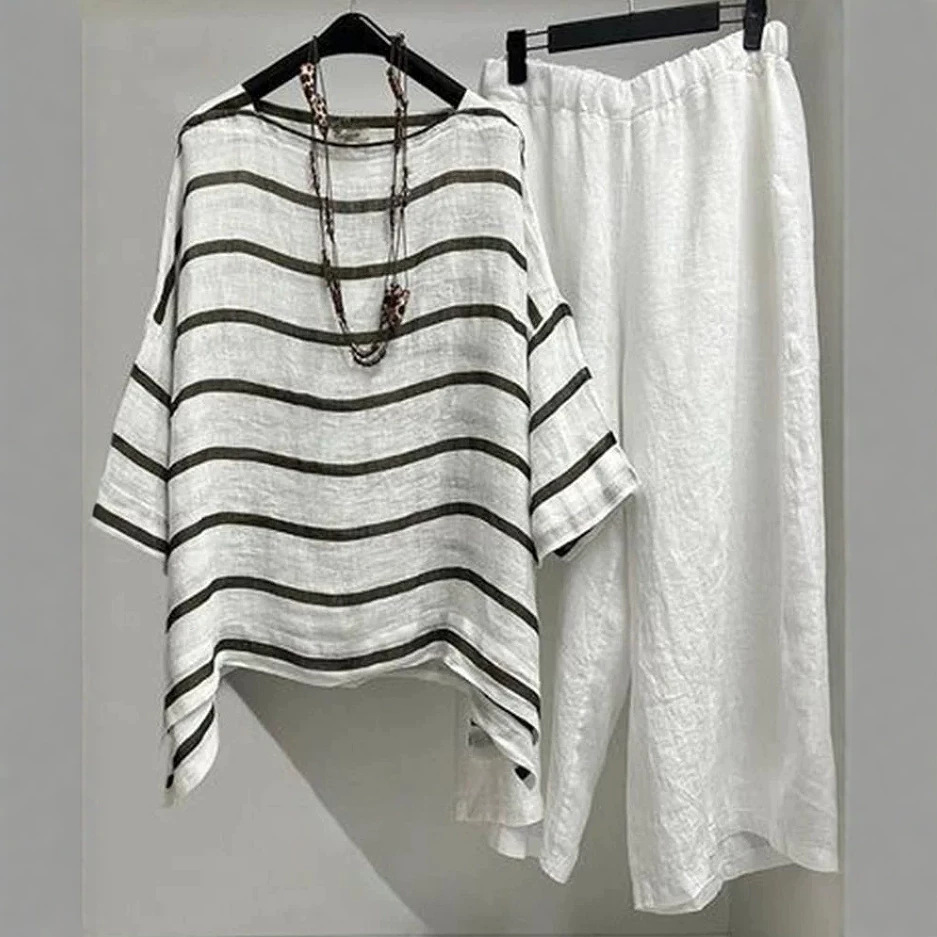 Striped Round Neck Five-Sleeve T-Shirt and Pants Set Women