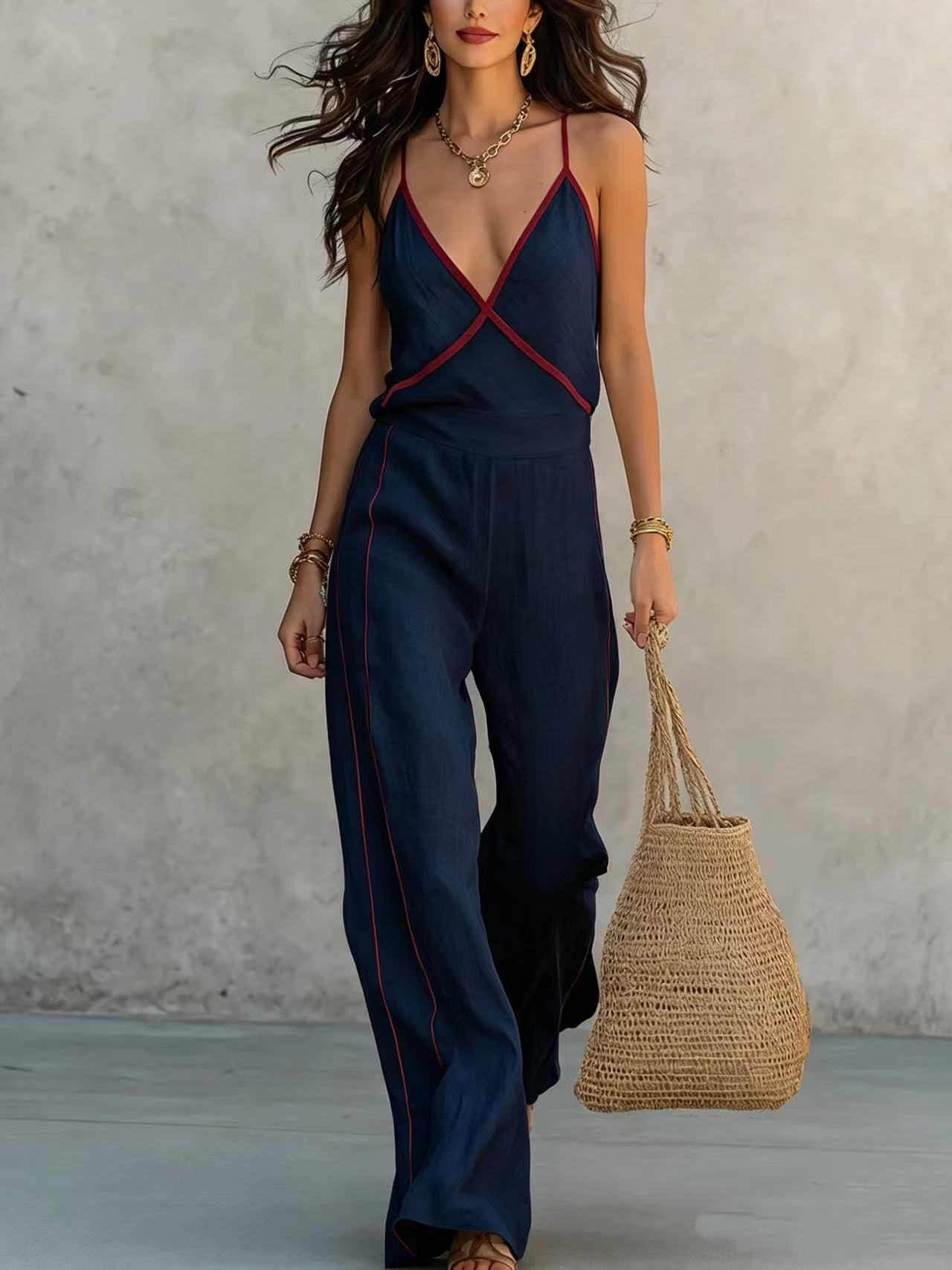 Spaghetti Strap Wide-Leg Pants Set with Contrast Trim