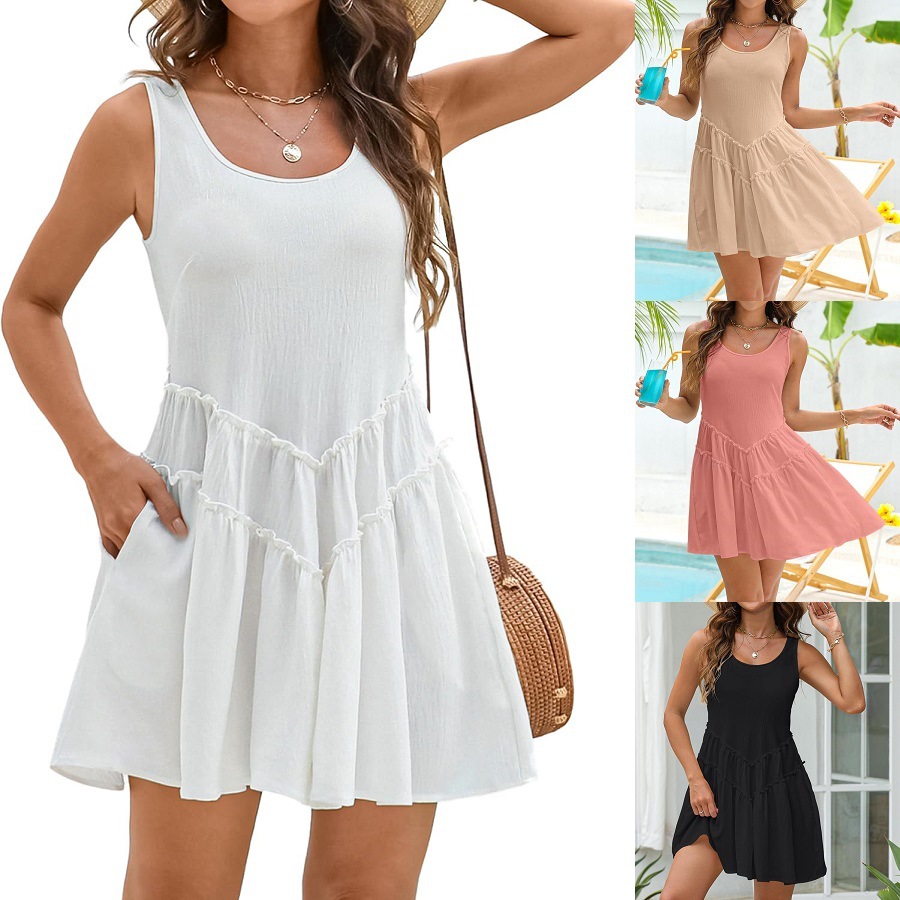 Elegant U-Neck V-Lace Trim A-Line Midi Dress with Pockets