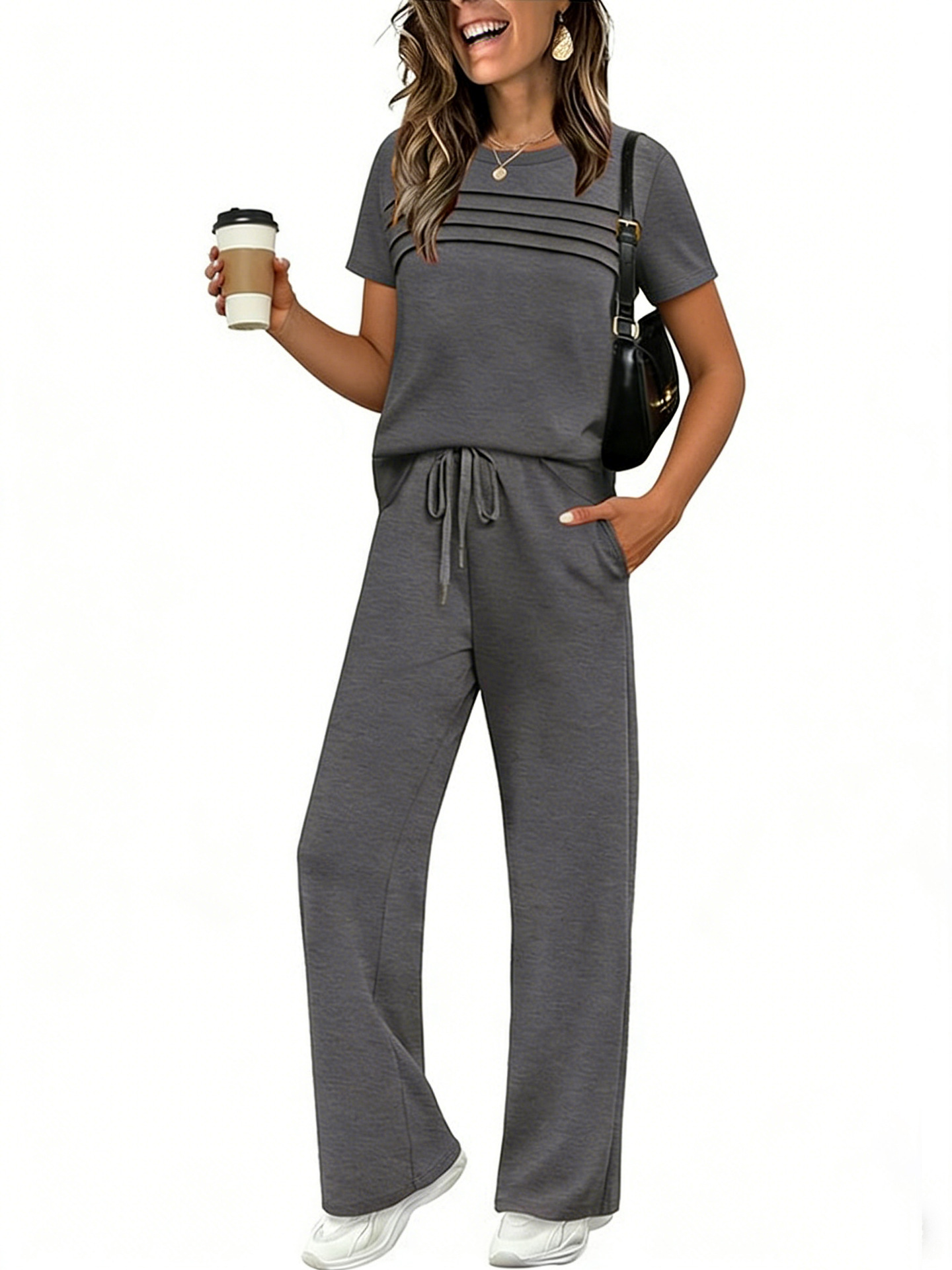 Women's Short Sleeve T-Shirt & Wide Leg Pants Set Casual Solid Color