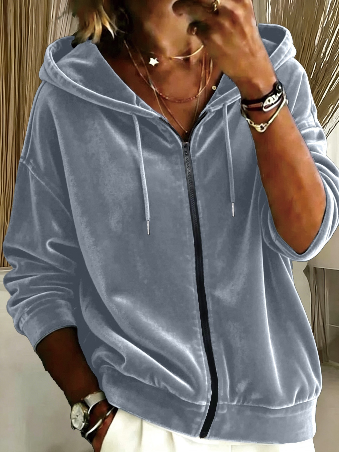 Women's Solid Color Drawstring Hooded Zip-Up Long Sleeve Sweatshirt