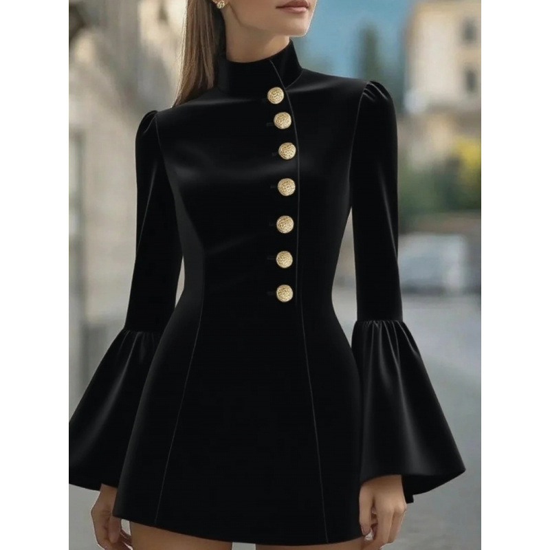 Women's Slim Fit Solid Color Stand Collar Bell Sleeve Blazer Dress