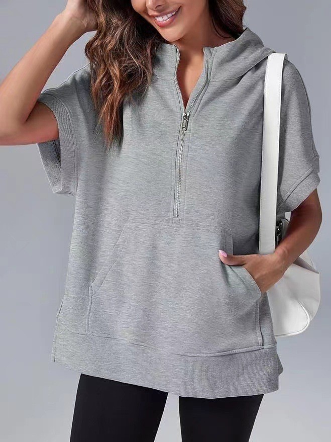 Solid Color Casual Short Sleeve Hooded Sweatshirt