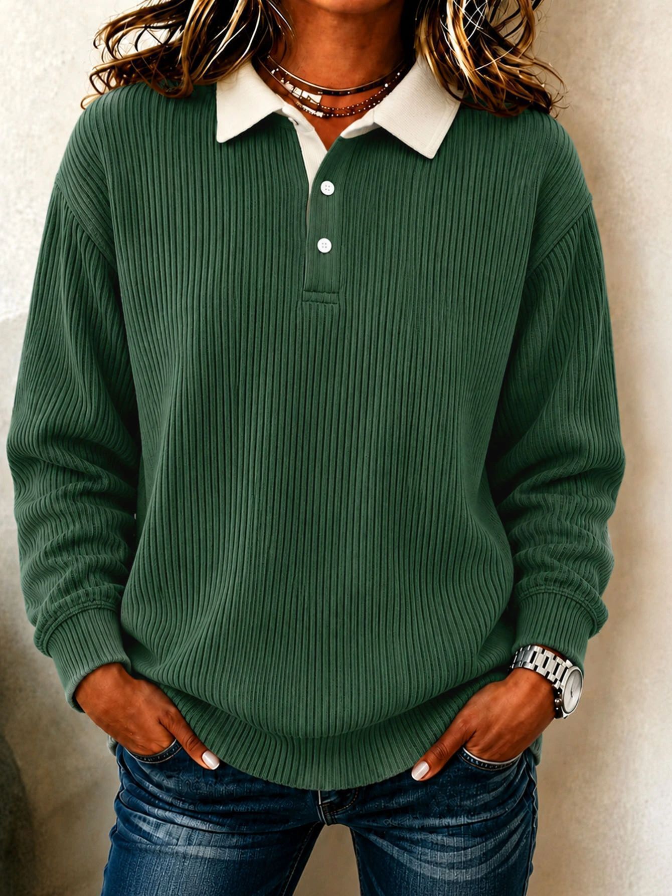 Women's Ribbed Knit Collared Long Sleeve Top