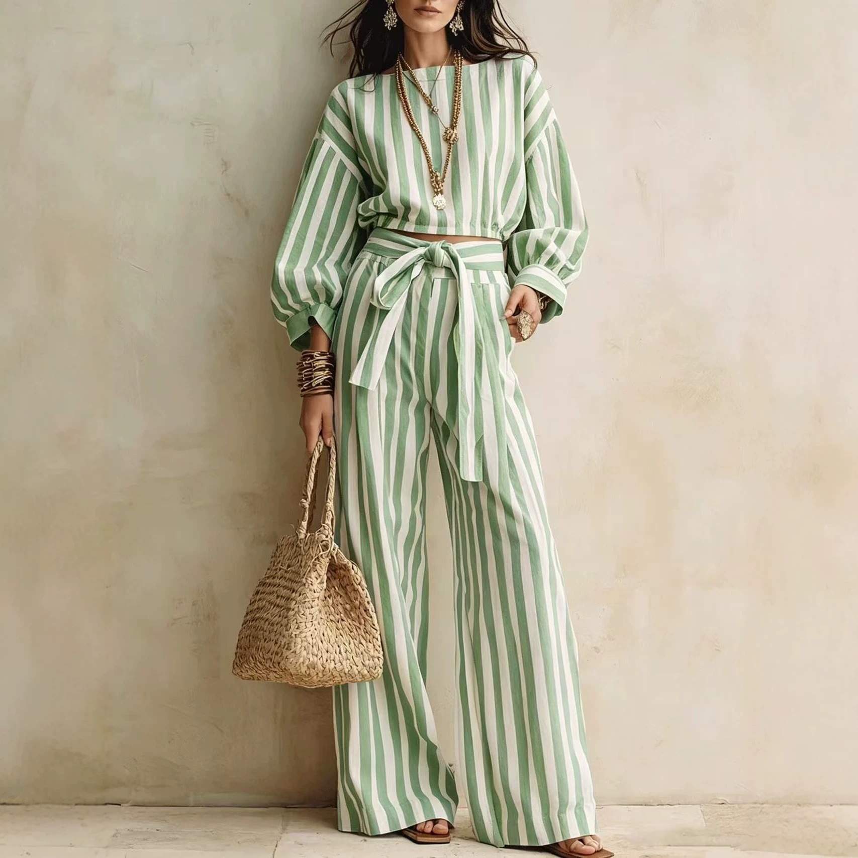 Striped Short Top & Wide-Leg Pants Set with Tie