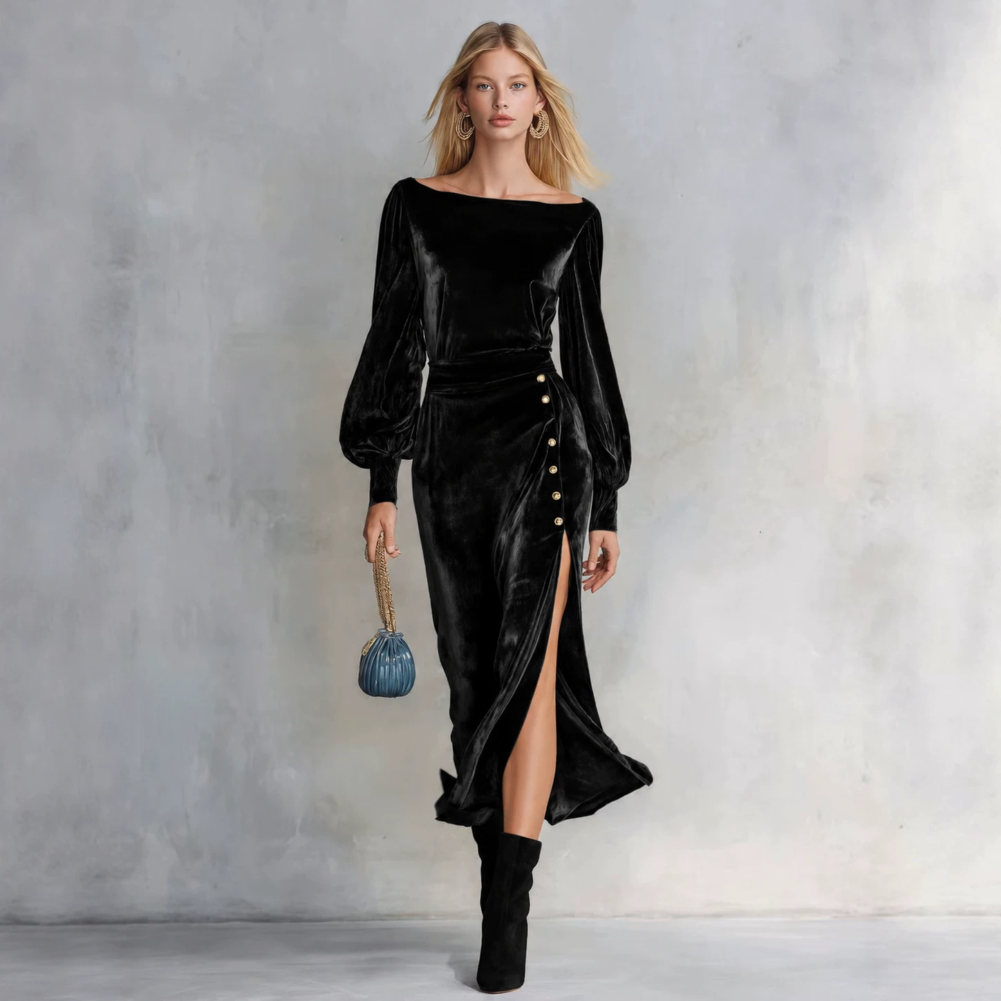 Elegant Off-Shoulder Long-Sleeve Velvet Maxi Dress with Buttons