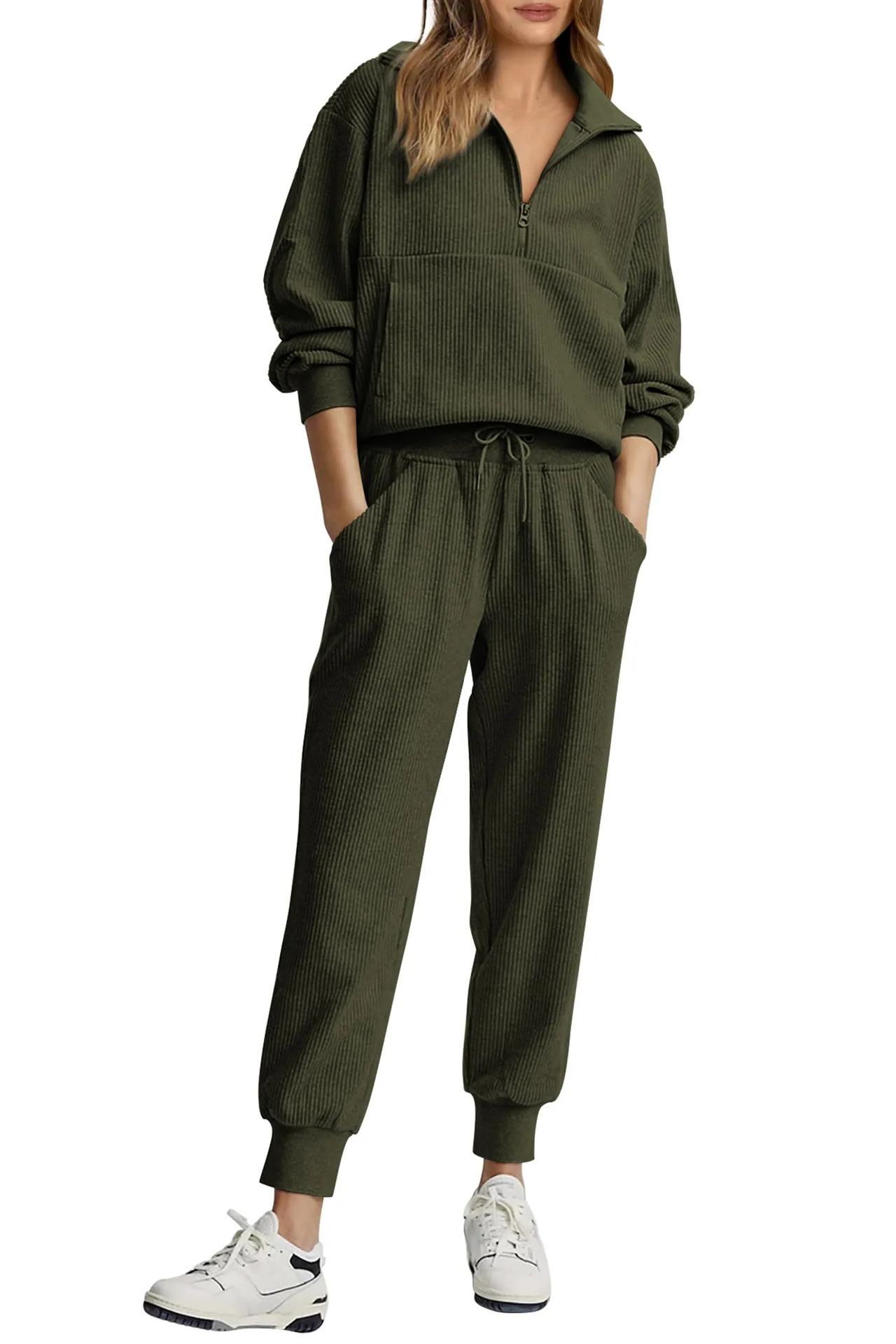 Women's Half-Zip Long Sleeve Top and Pants Casual Set