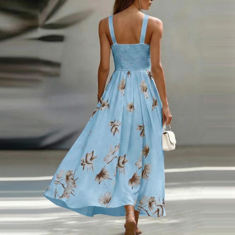 Sexy V-Neck Floral Print Sleeveless Open-Back High-Waist A-Line Maxi Dress