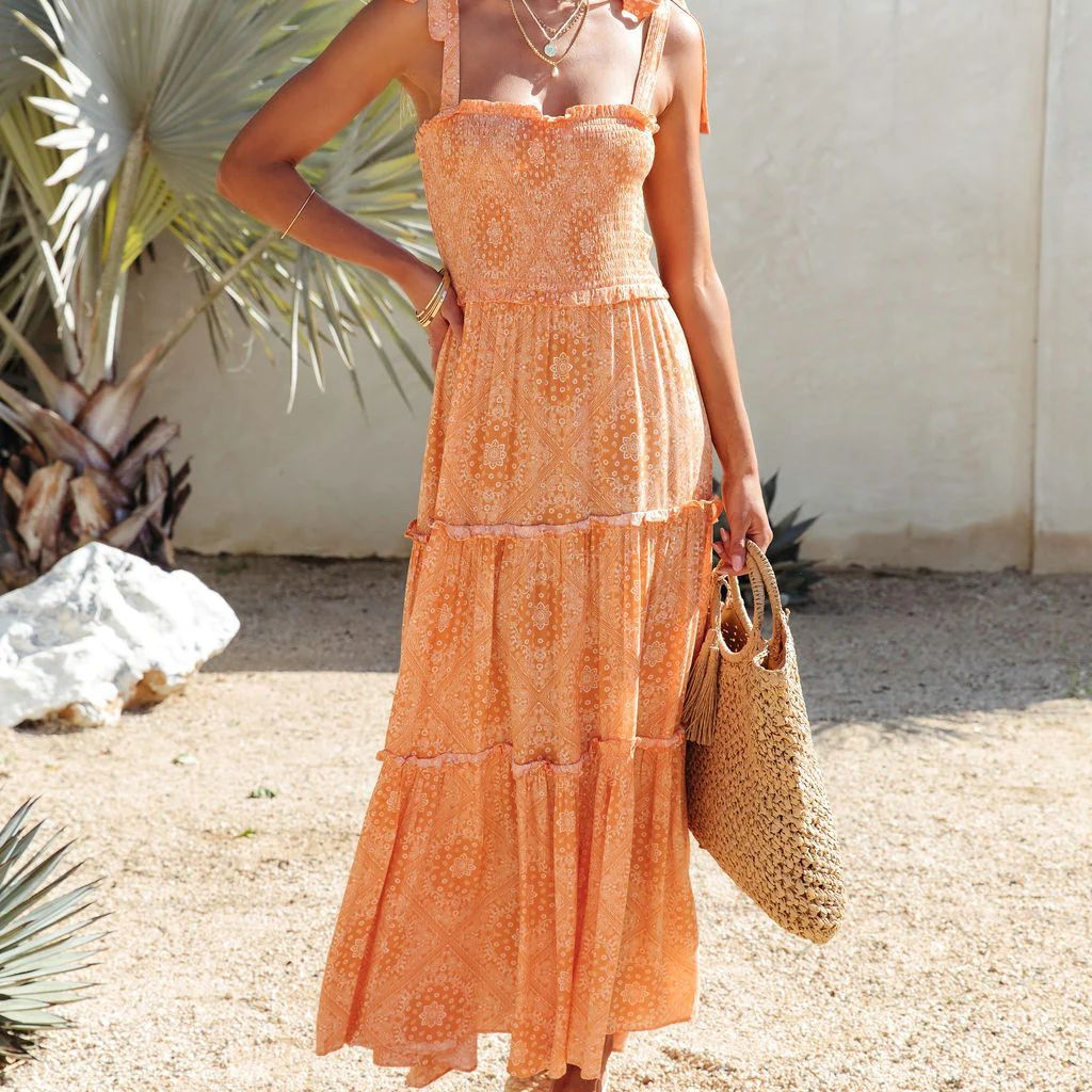 Women's Summer Floral Print Tiered Cami Dress with Lace-Up Back