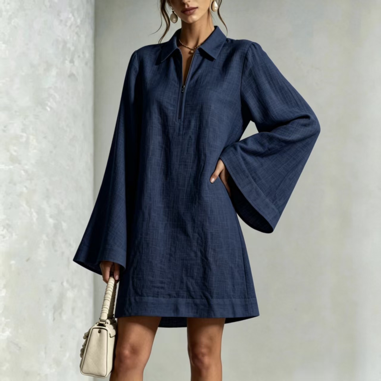 Solid Color Half-Zip Loose Long-Sleeve Casual Dress