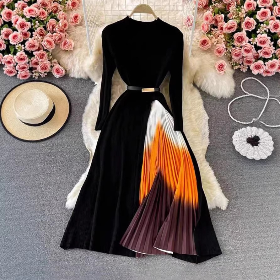 Elegant Gradient Belted Long Sleeve Dress with Stand Collar