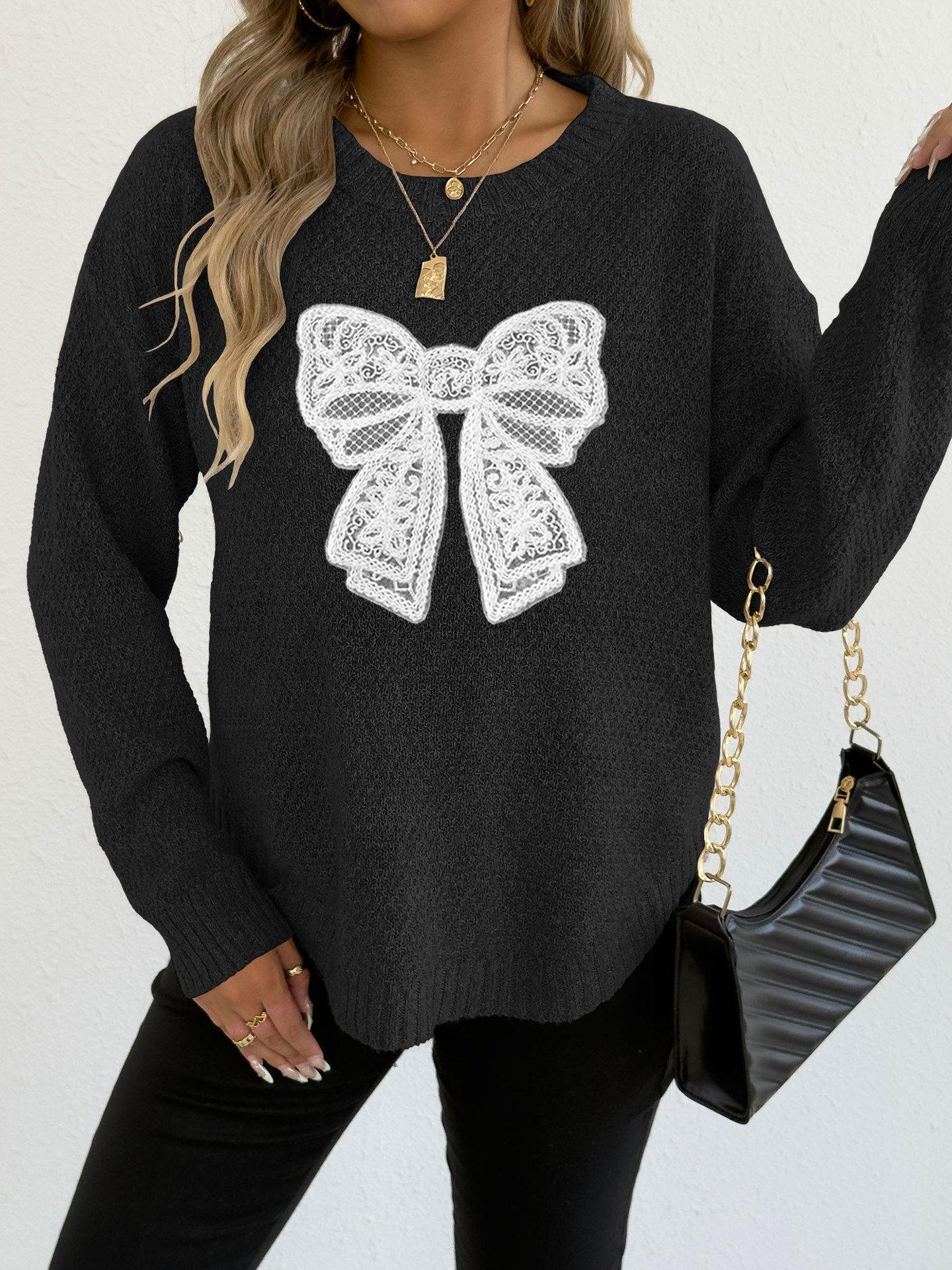 Embroidered Lace Butterfly Knit Sweater Crewneck Pullover