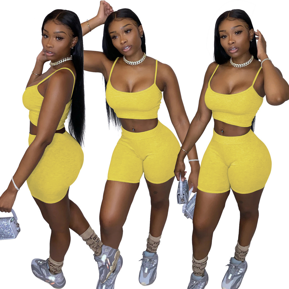 Women's Solid Color Crop Cami Top and Biker Shorts Set