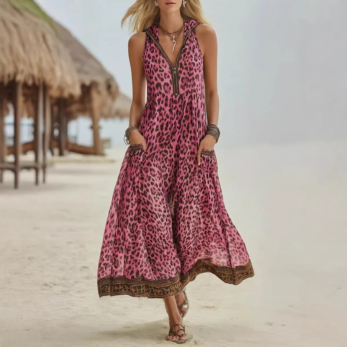 Women's Sleeveless V-Neck Leopard Print Hooded Midi Dress
