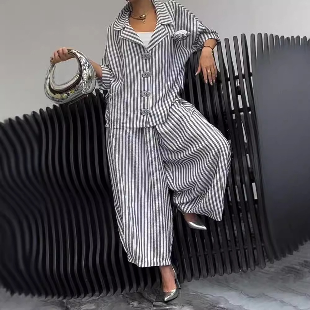Floral Striped Loose Blazer & Pants Set