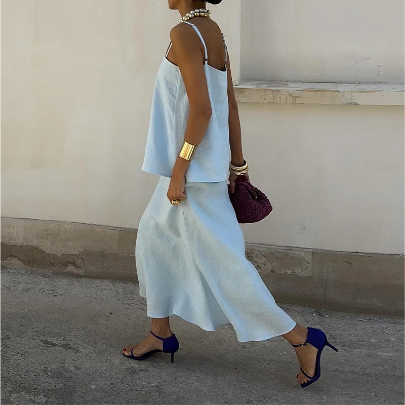 Women's Casual Loose Solid Color Cami Dress Two-Piece Set