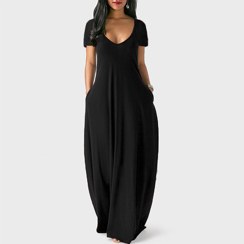 Plus Size Solid Deep V-Neck Short Sleeve Long Dress