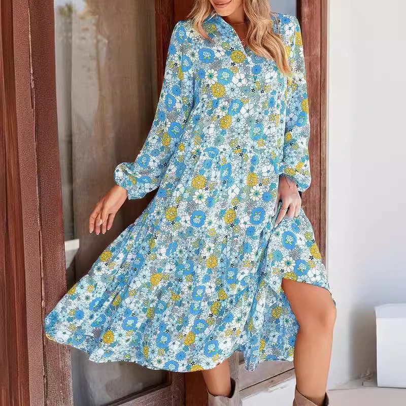 Boho Floral V-Neck Long Sleeve Bubble Sleeve A-Line Maxi Dress