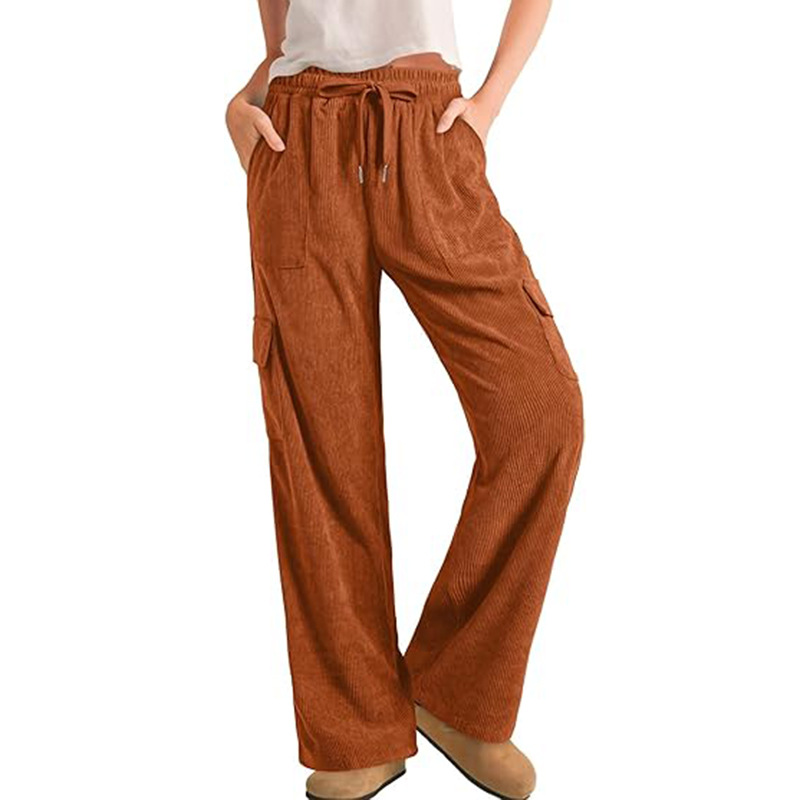 Corduroy Cargo Pants for Women Elastic Waist Wide Leg Loose Straight Casual