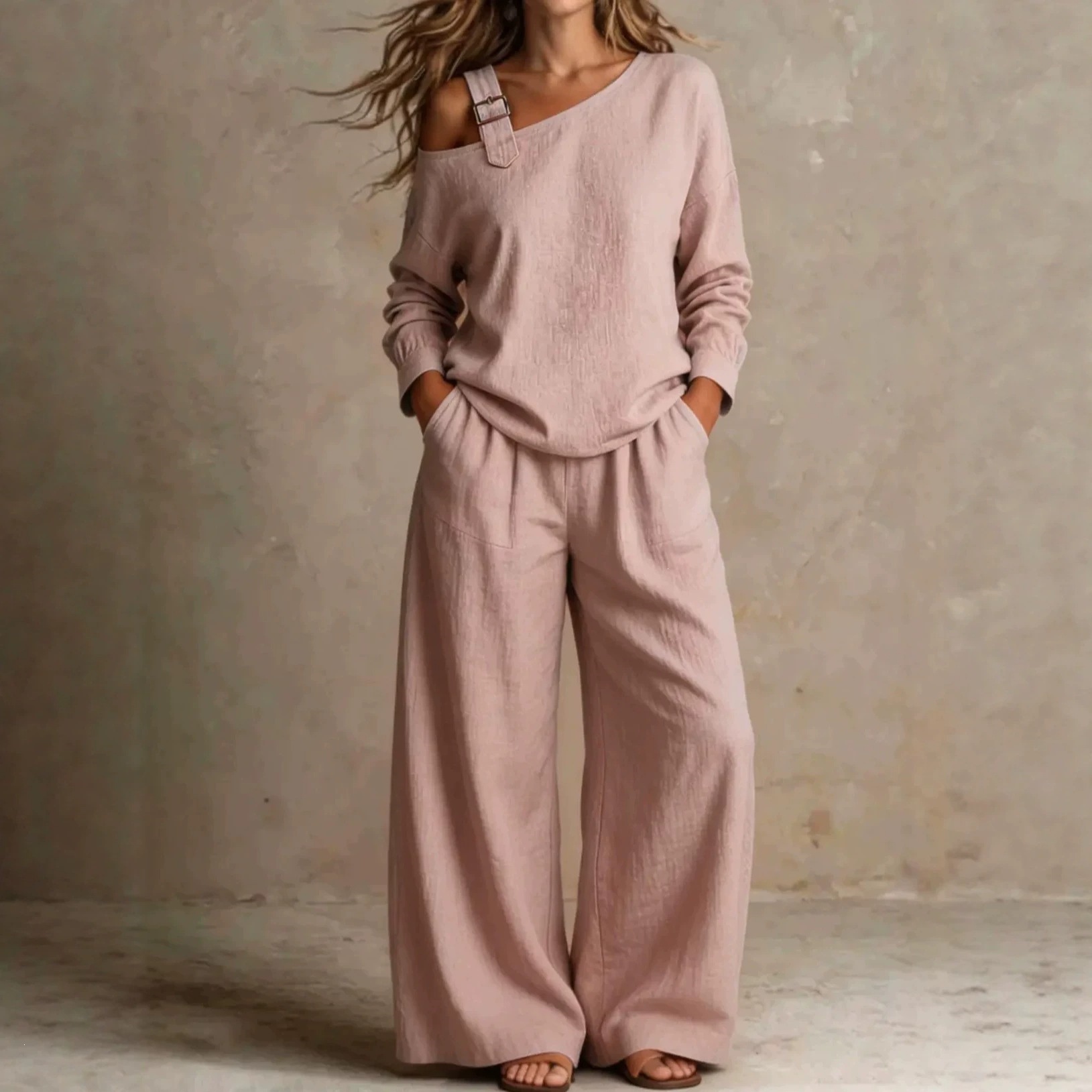 Women's Casual Loose One-Shoulder Linen-Blend Two-Piece Set