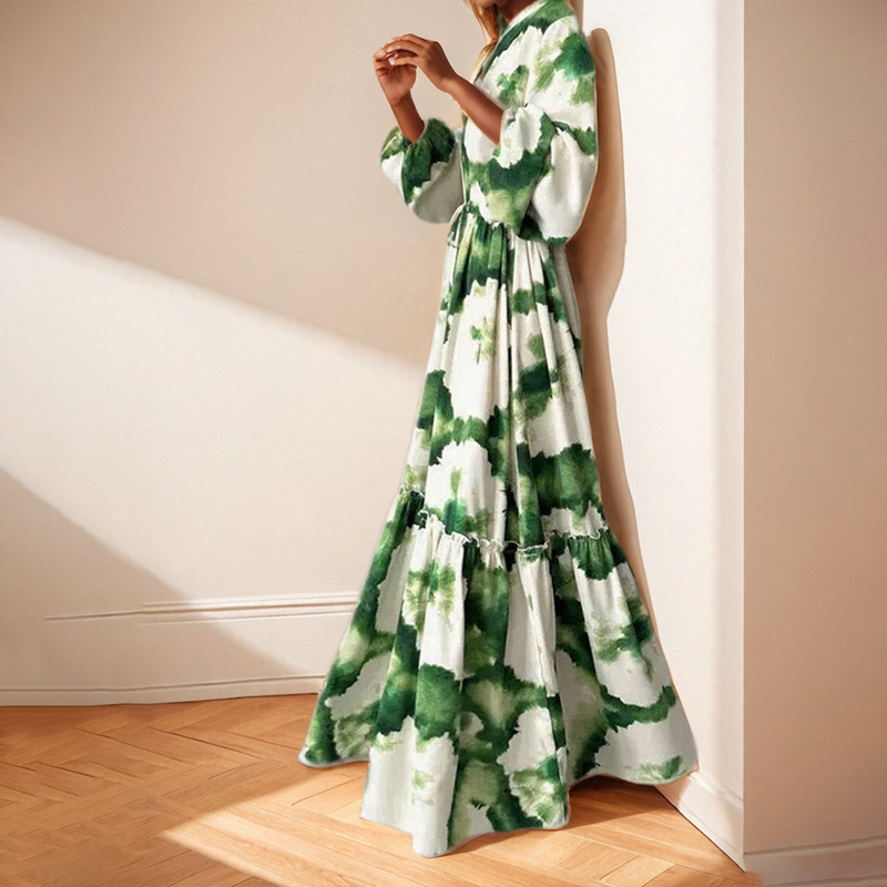 Women's Colorblock Floral Print V-Neck Waist-Cinched Midi Dress