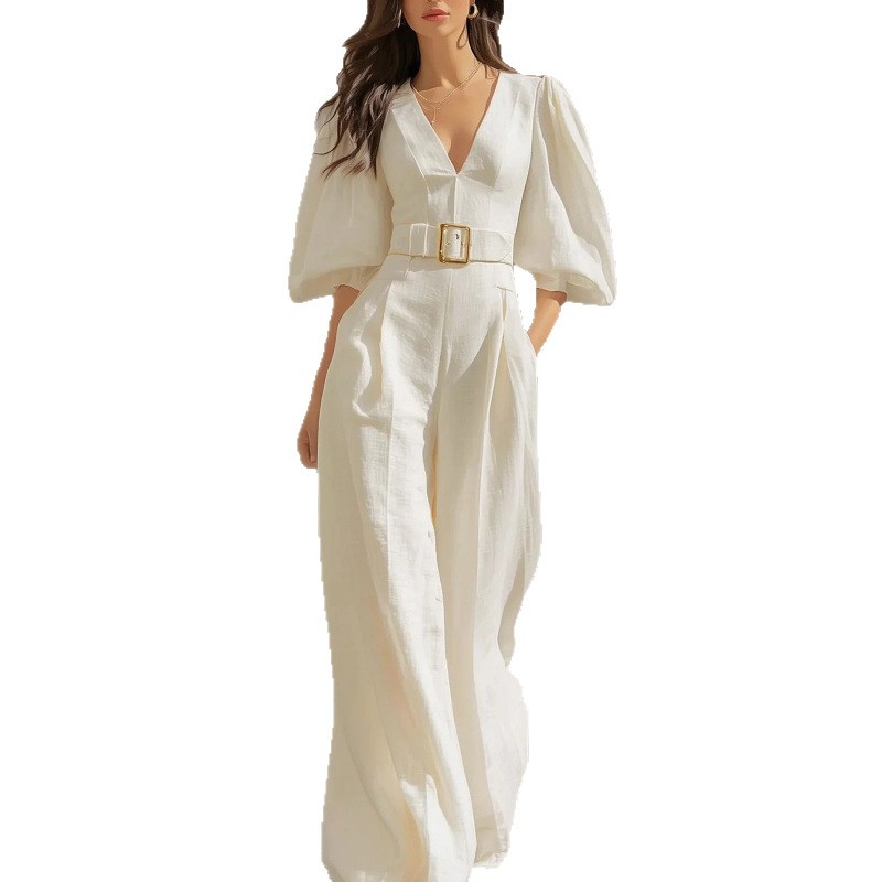 Women's Casual Solid Deep V-Neck Loose Jumpsuit