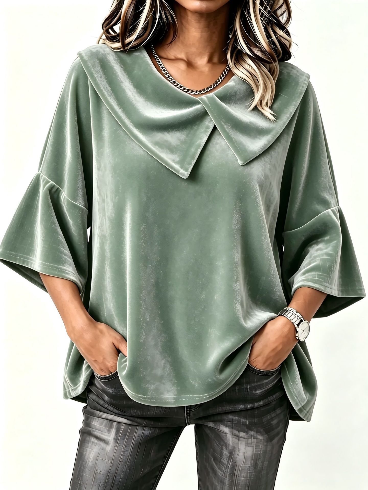 Retro Asymmetric Patchwork Big Lapel Bell Sleeve Loose Velvet Top