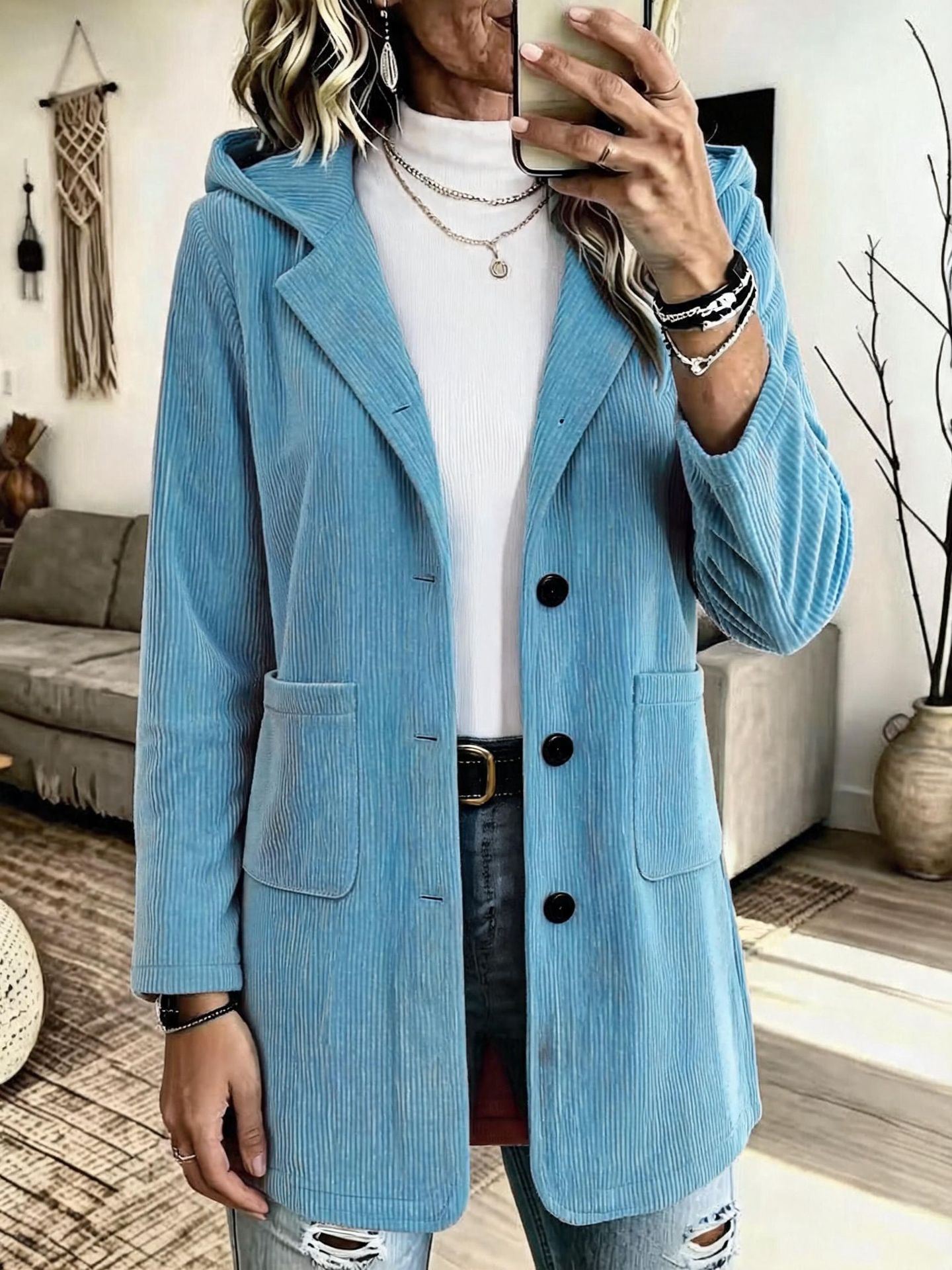 Women's Hooded Corduroy Mid-Length Loose Casual Jacket