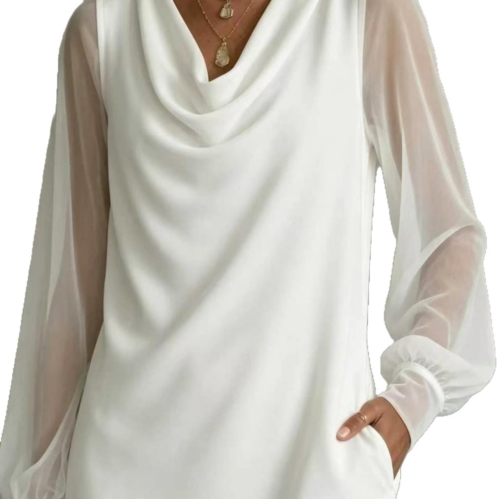 Women's Cowl Neck Sheer Mesh Long Sleeve Dress with Pockets
