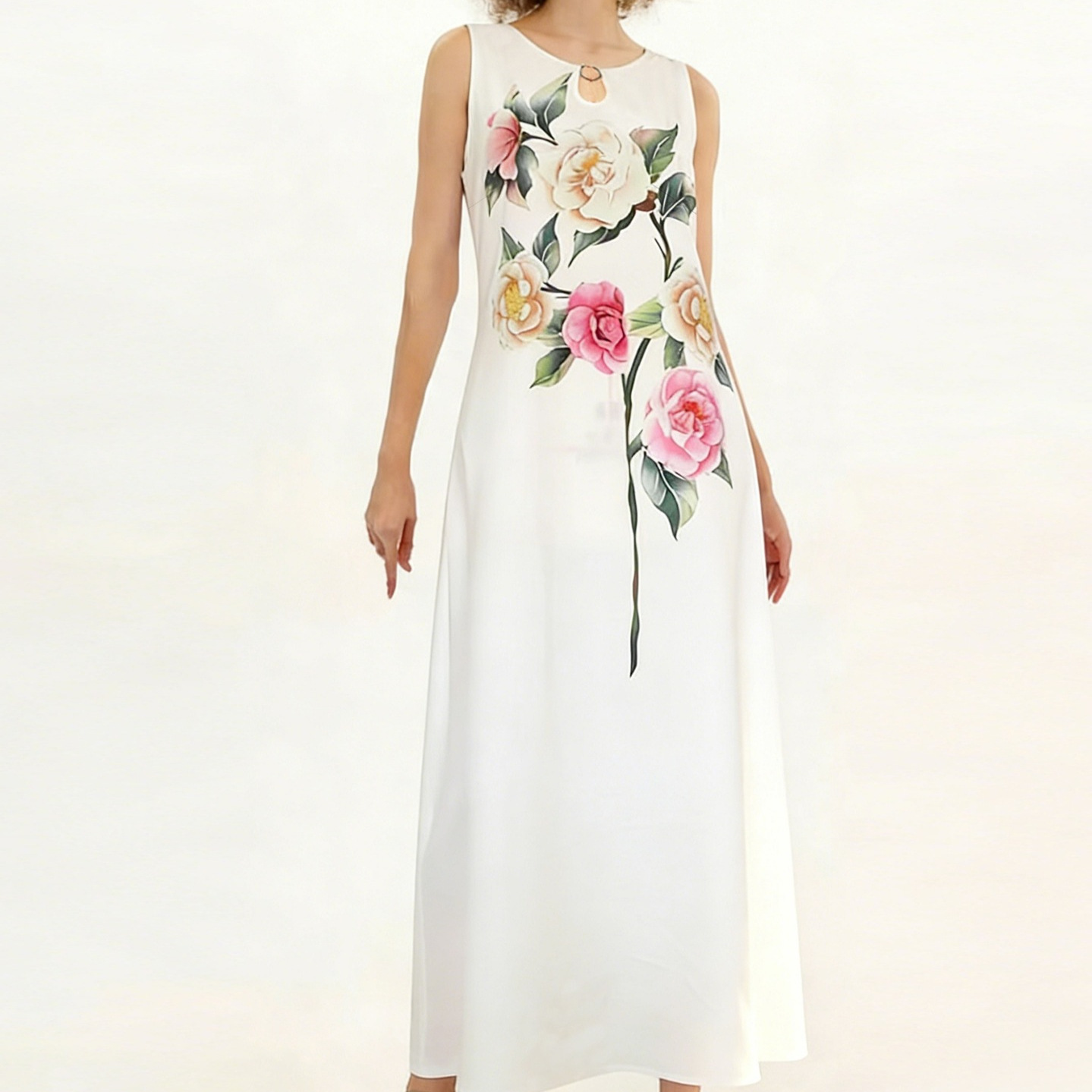 Elegant Floral Print Sleeveless A-Line Dress with Pockets