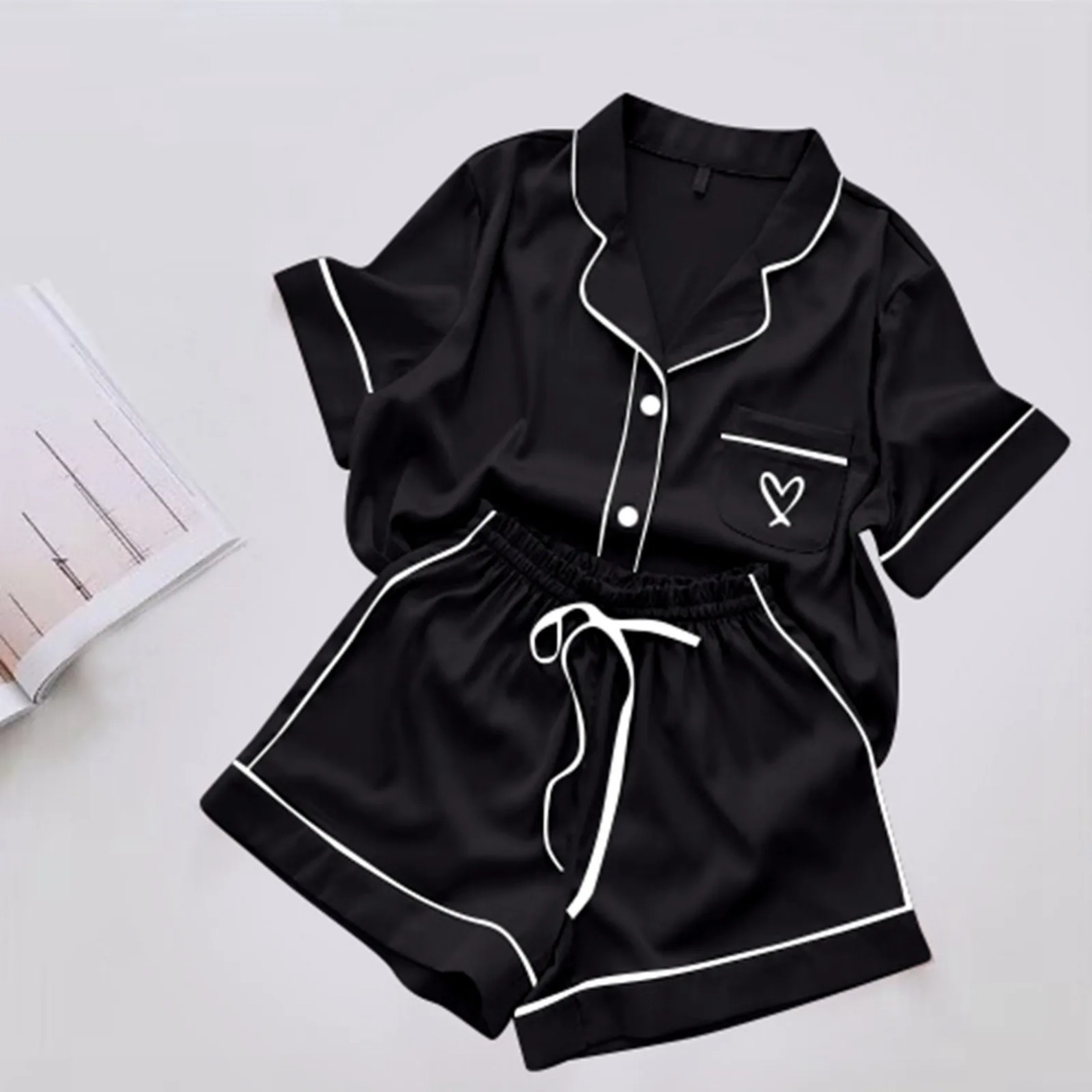 Women's Cuban Collar Short Sleeve Set with Heart Print