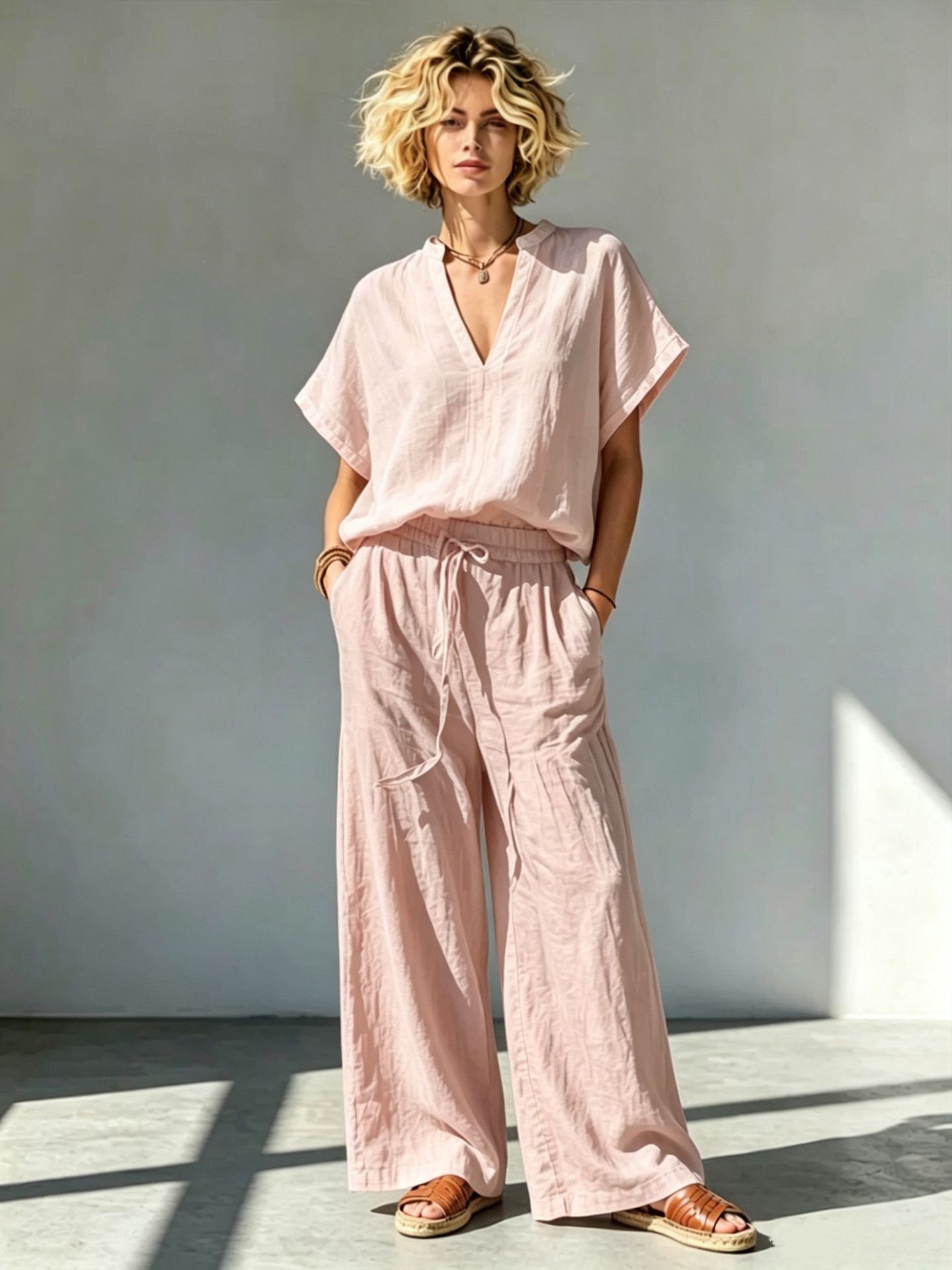 Women's Cotton-Linen V-Neck Short-Sleeve Shirt & Wide-Leg Pants Set