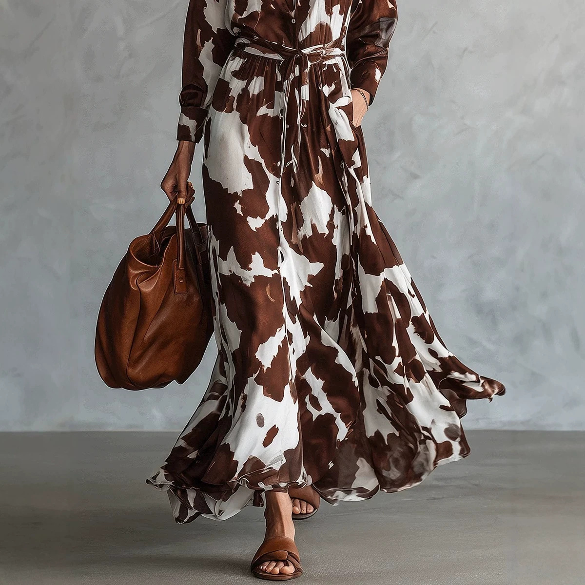 Brown Cow Print Long Sleeve V-Neck High Waist Maxi Dress