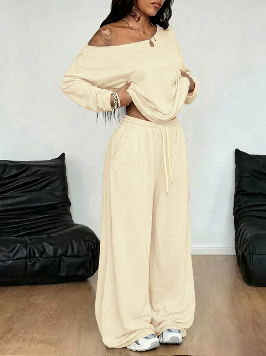 Women's Oblique Collar Wide-Leg Pants Set Solid Color Casual Two-Piece Long Sleeve