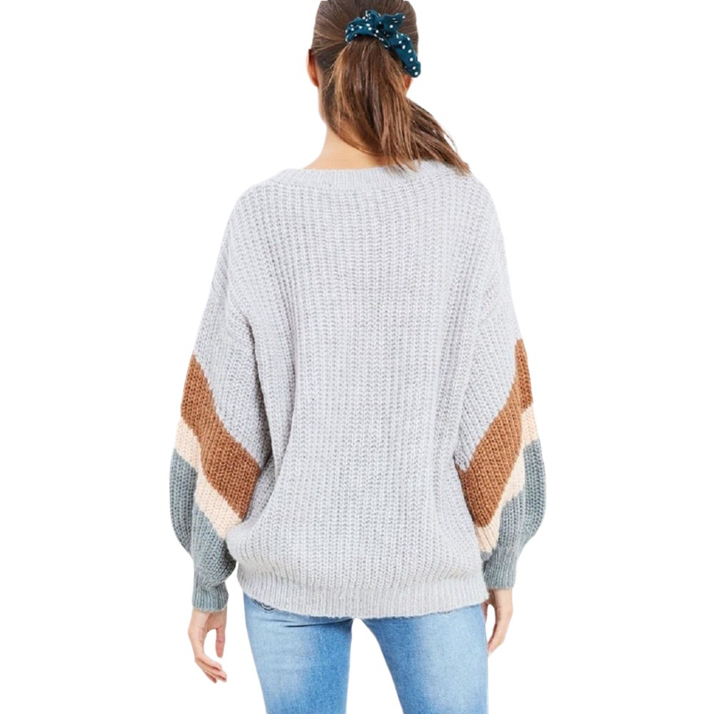 V-Neck Knit Sweater with Lantern Sleeves and Patchwork, Loose Plus-Size Pullover