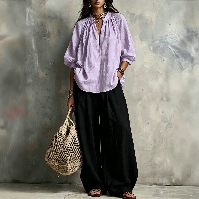 Women's Solid Color Stand Collar Lantern Sleeve Top & Wide-Leg Pants Two-Piece Set