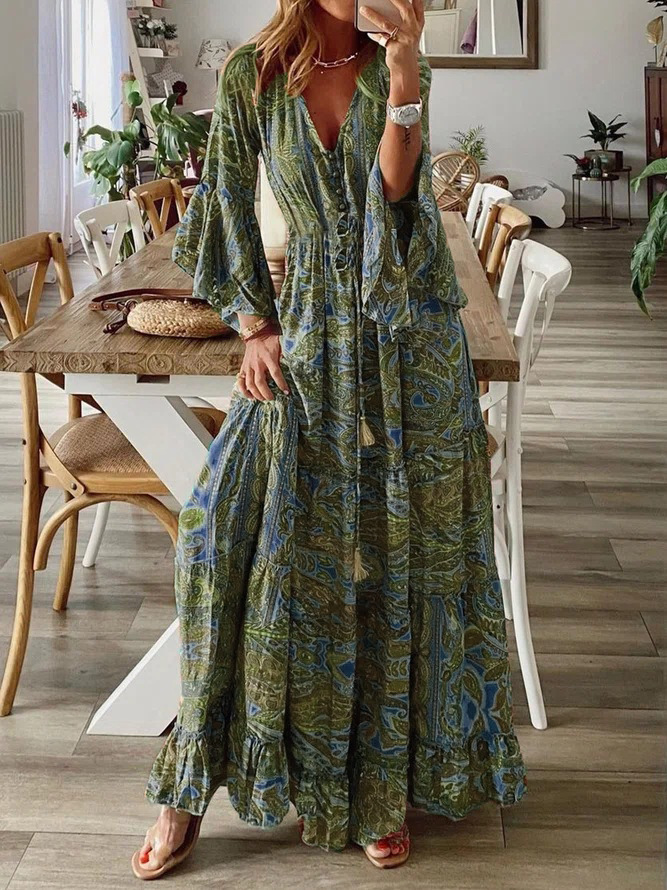 Bohemian Floral Print V-Neck High-Waist Flare-Sleeve Maxi Dress