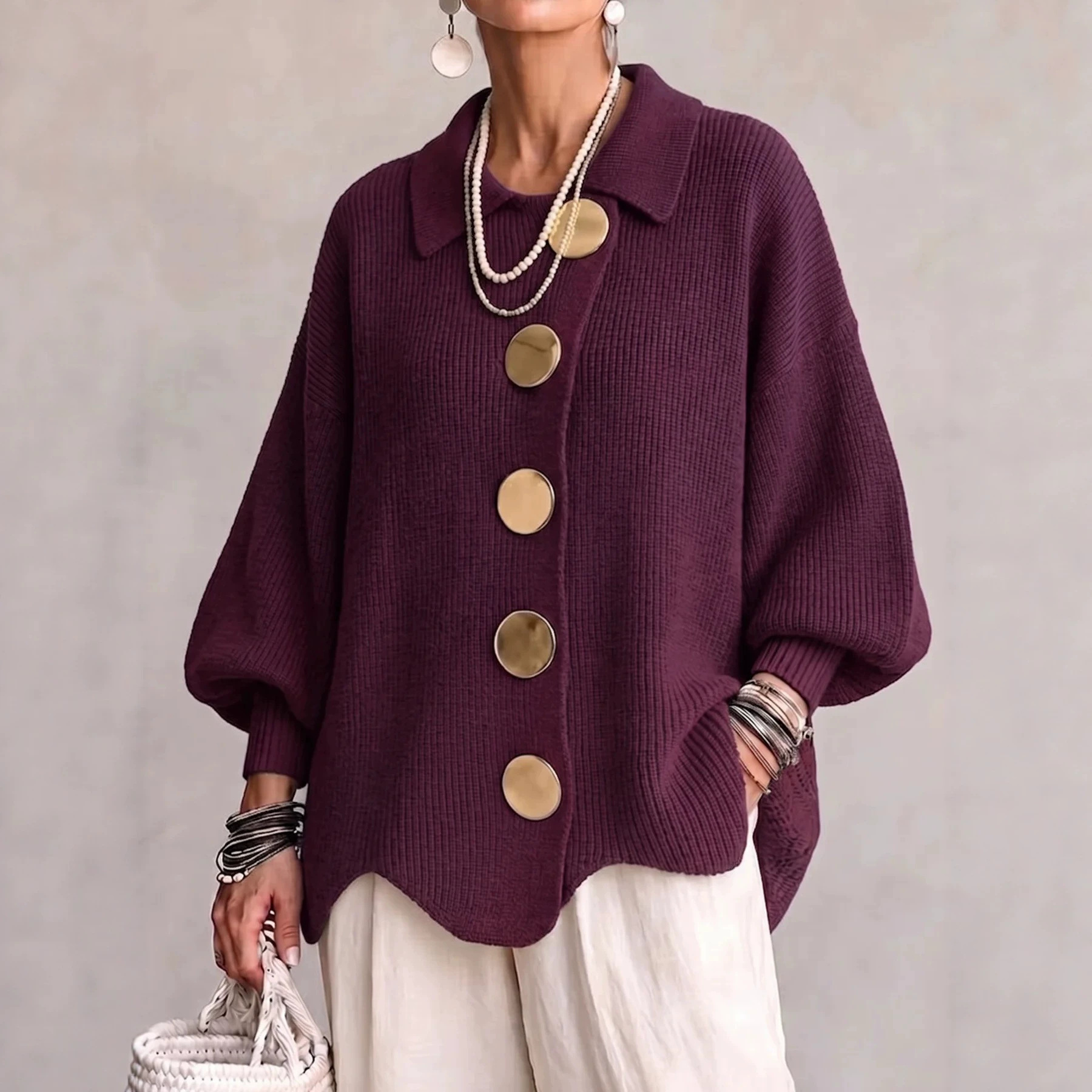 Women's Knit Round Neck Long Sleeve Cardigan Sweater