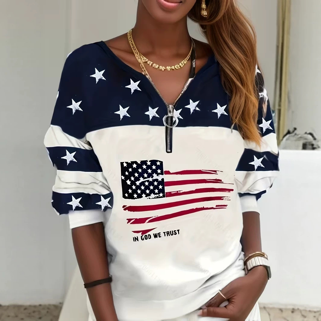 American Star Striped Heart Flag Print Half-Zip Long Sleeve Top for Women