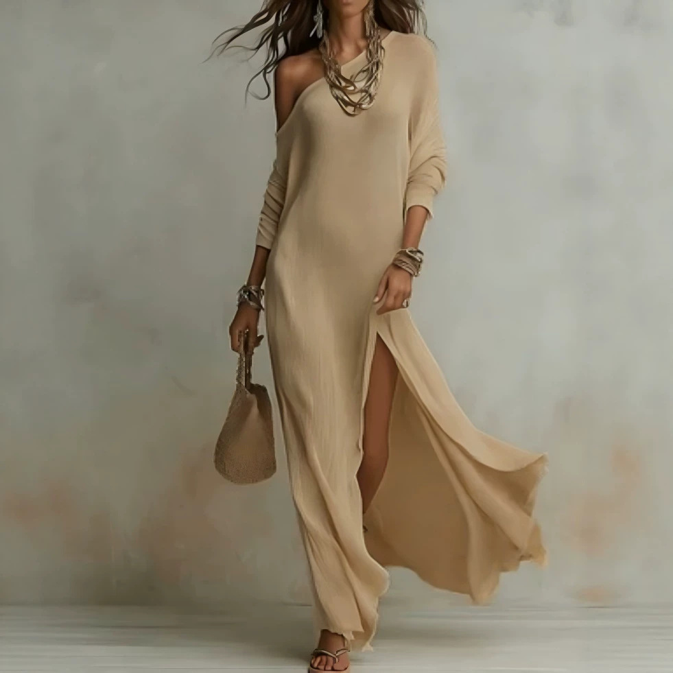 Elegant Long Sleeve Knit Pleated Slit Dress